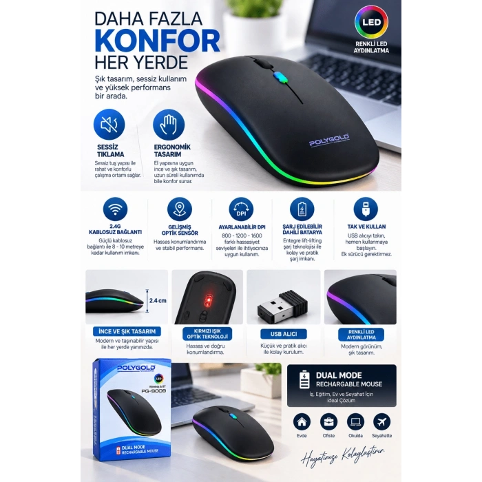 Kablosuz Şarjlı Sessiz Tıklamalı Ergonomik Mouse