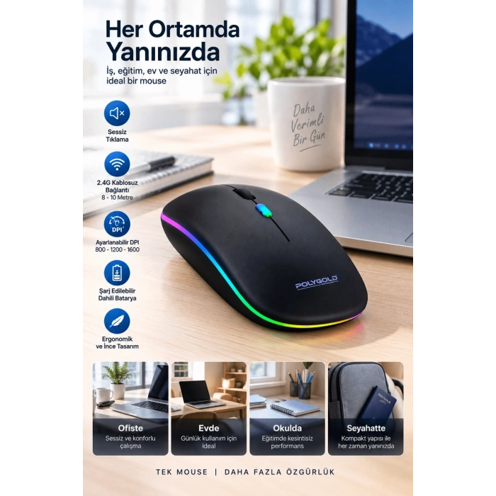 Kablosuz Şarjlı Sessiz Tıklamalı Ergonomik Mouse
