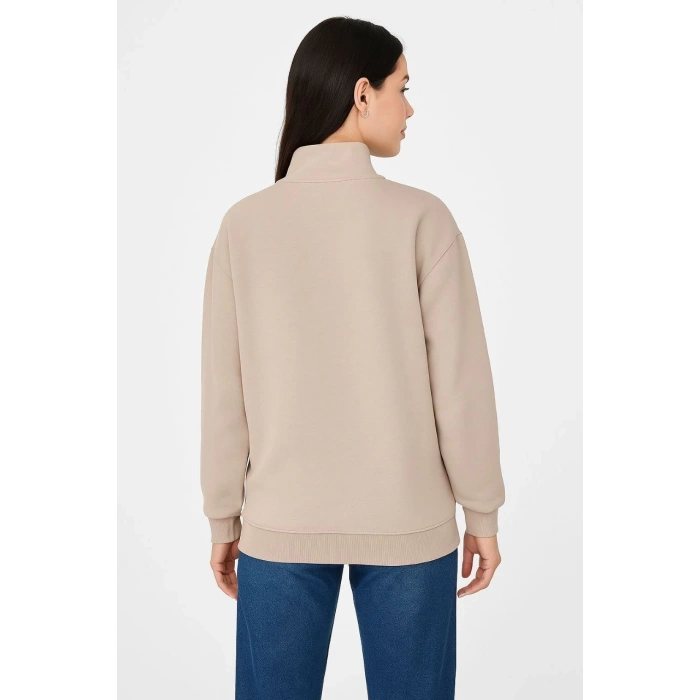 Kadın 3 İplik Dık Yaka Yarım Fermuarlı SweatShirt - Bej