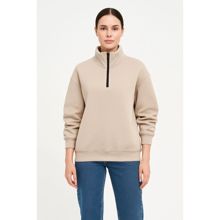 Kadın 3 İplik Dık Yaka Yarım Fermuarlı SweatShirt - Bej