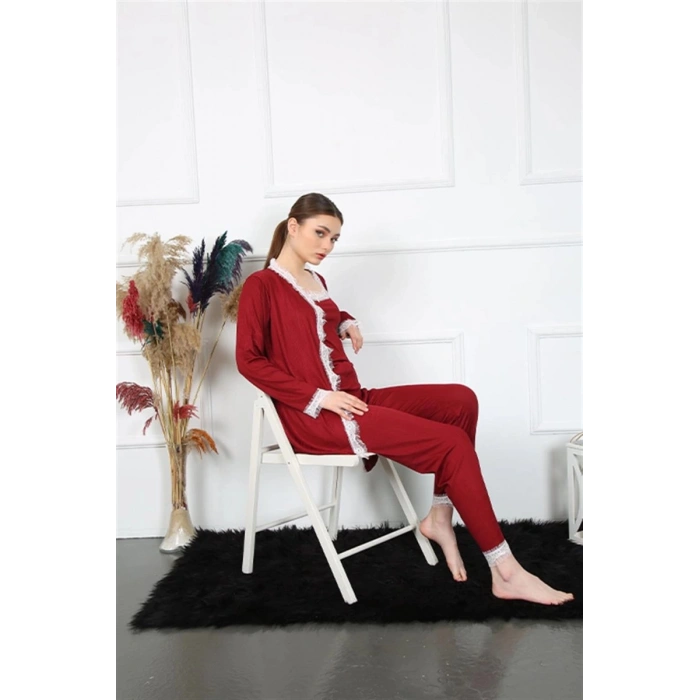 Kadın 3lü Bordo Sabahlık Takım