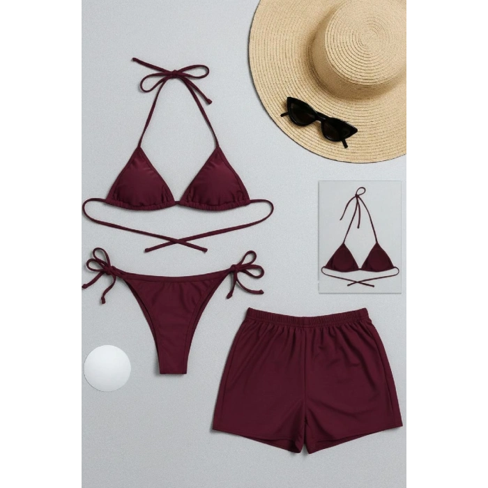 Kadın 3lü Set Bordo Şortlu Ve Yandan Bağlamalı Bikini Mayo Takımı