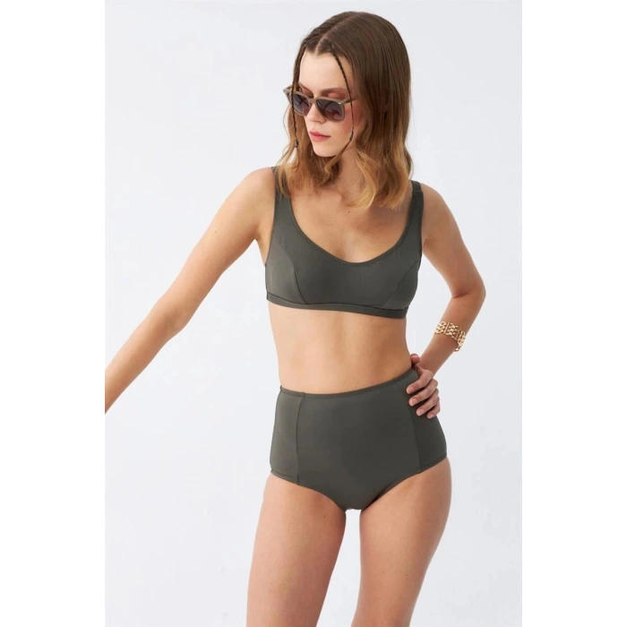 Kadın Basic Haki Pedli Yüksek Bel Bikini Takımı