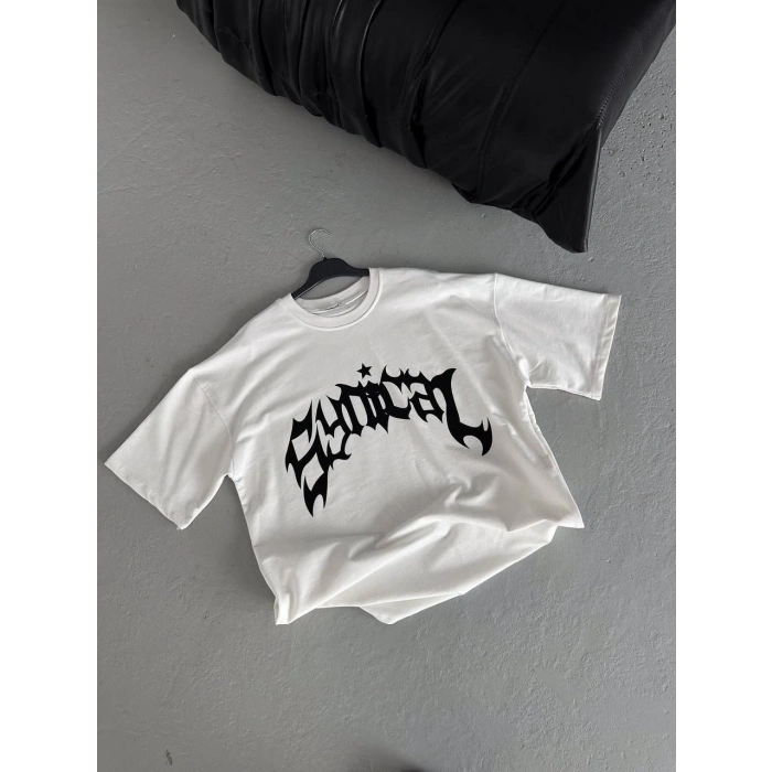Kadın Baskıkı Bisiklet Yaka T-Shirt - Beyaz