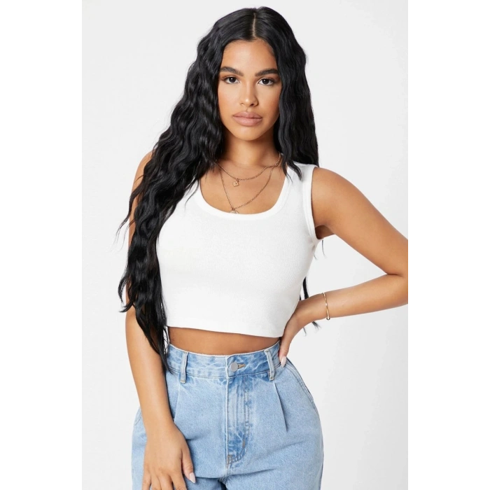 Kadın Beyaz Kare Yaka Crop Top Bluz
