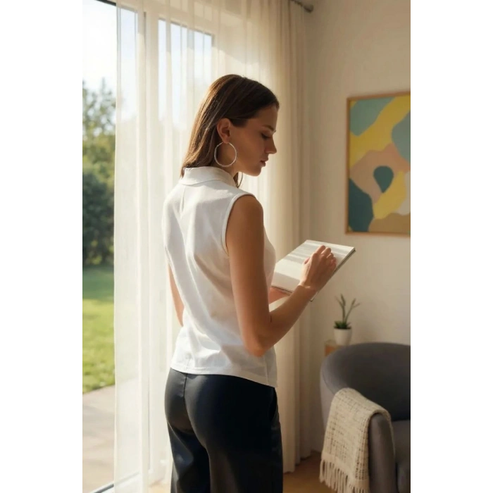 Kadın Beyaz Kolsuz Balıkçı Yaka Basic Bluz Şık Minimal Üst Giyim
