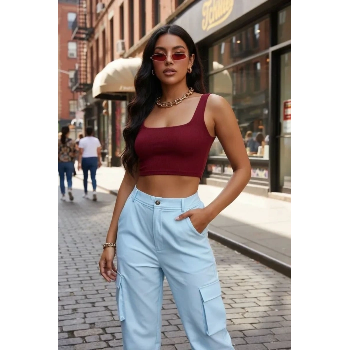 Kadın Bordo Kalın Askılı Crop Top Büstiyer Esnek Kumaş Şık Basic Kadın Üst Giyim