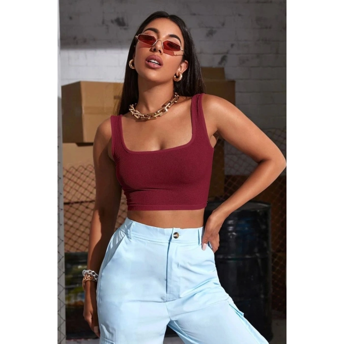 Kadın Bordo Kalın Askılı Crop Top Büstiyer Esnek Kumaş Şık Basic Kadın Üst Giyim