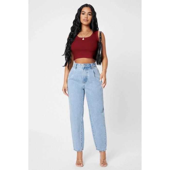 Kadın Bordo Kare Yaka Crop Top Bluz