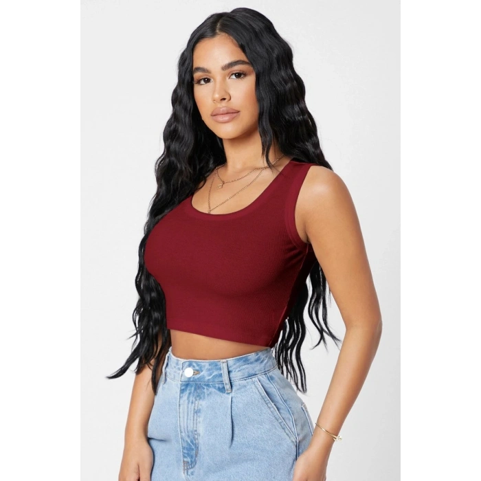 Kadın Bordo Kare Yaka Crop Top Bluz