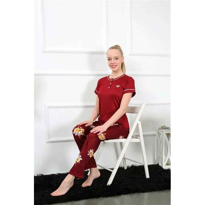 Kadın Bordo Kısa Kol Pijama Takım