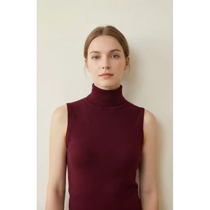 Kadın Bordo Kolsuz Balıkçı Yaka Basic Bluz