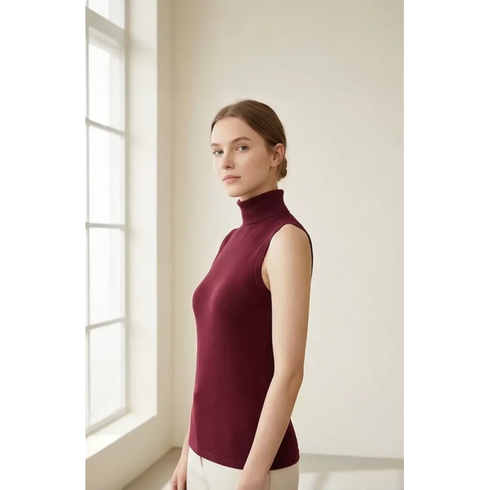 Kadın Bordo Kolsuz Balıkçı Yaka Basic Bluz