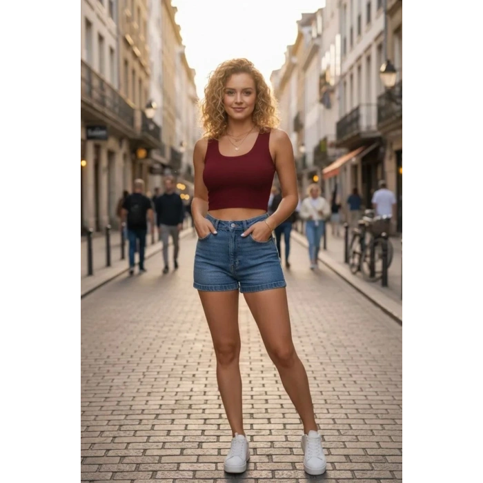 Kadın Bordo Modern Fit Kare Yaka Crop Top Bluz