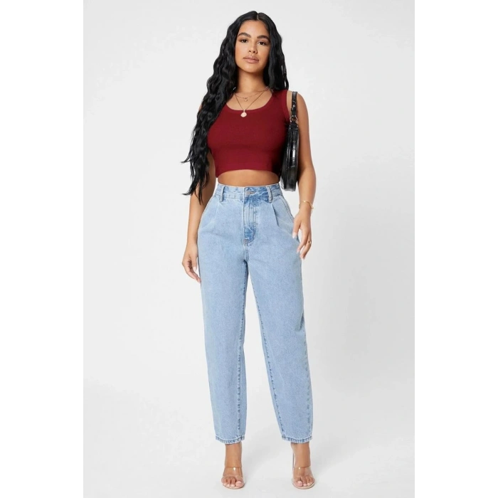 Kadın Bordo Modern Fit Kare Yaka Crop Top Bluz