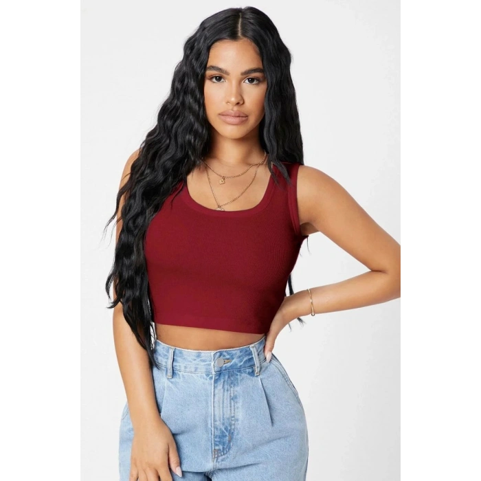 Kadın Bordo Modern Fit Kare Yaka Crop Top Bluz
