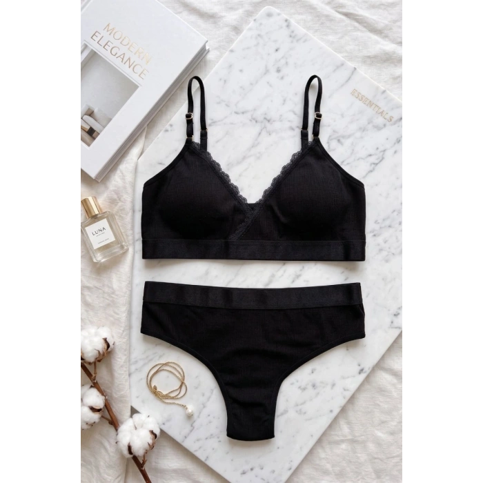 Kadın Bralet İç Giyim Takımı - Fitilli Dantelli, Siyah