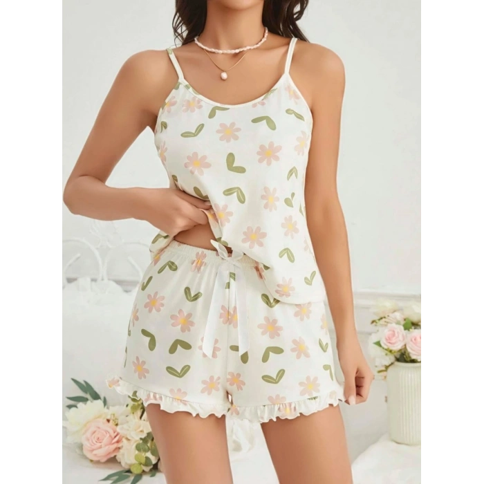 Kadın Ekru Çiçek Baskılı Şortlu Gecelik Pijama Takımı 5047