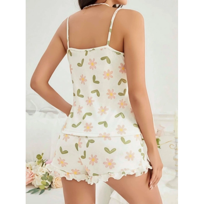 Kadın Ekru Çiçek Baskılı Şortlu Gecelik Pijama Takımı 5047