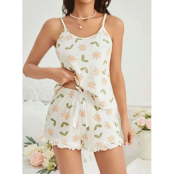 Kadın Ekru Çiçek Baskılı Şortlu Gecelik Pijama Takımı Rahat Şık 2’li Set