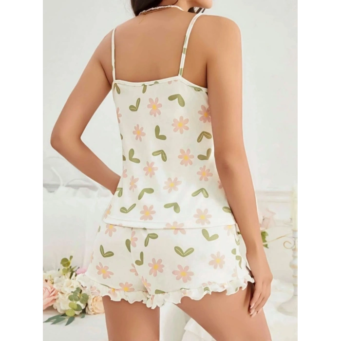 Kadın Ekru Çiçek Baskılı Şortlu Gecelik Pijama Takımı Rahat Şık 2’li Set