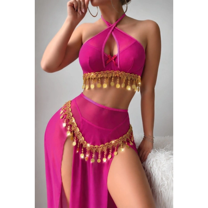 Kadın Elbise - Dansöz Si Parlak Aksesuar Kostüm, Pembe
