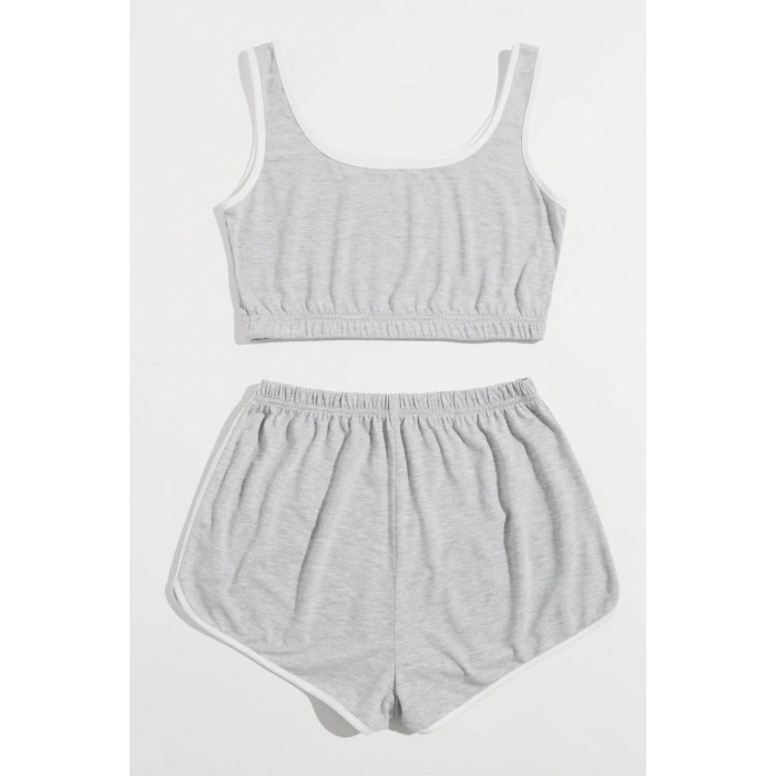 Kadın Gri Askılı Crop Top Ve Şortlu Gecelik Takım