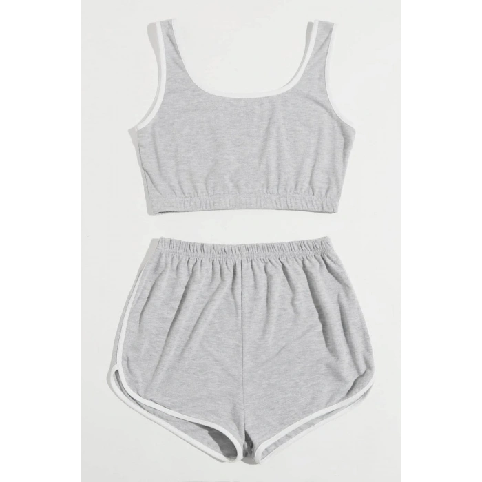 Kadın Gri Askılı Crop Top Ve Şortlu Gecelik Takım