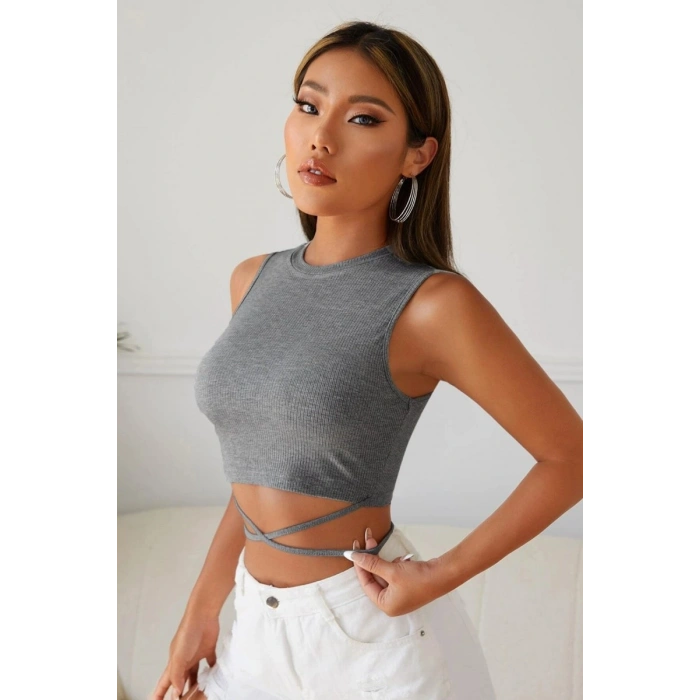 Kadın Gri Çapraz Bağlamalı Crop Top Büstiyer