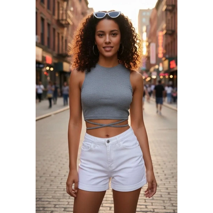 Kadın Gri Modern Fit Çapraz Bağlamalı Crop Top Büstiyer