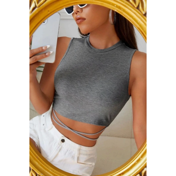 Kadın Gri Modern Fit Çapraz Bağlamalı Crop Top Büstiyer