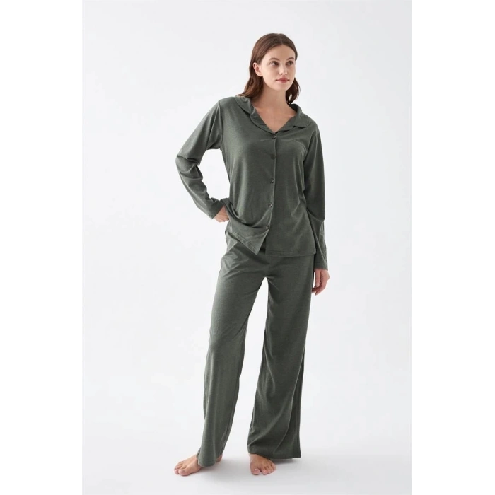 Kadın Haki Düğmeli Pamuklu Pijama Takımı