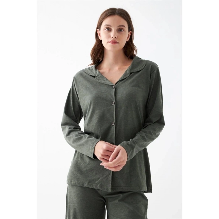 Kadın Haki Düğmeli Pamuklu Pijama Takımı