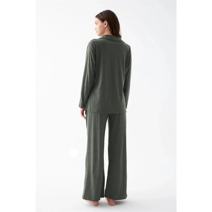 Kadın Haki Düğmeli Pamuklu Pijama Takımı