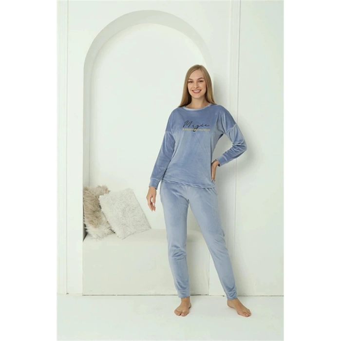 Kadın Kadife Mavi Pijama Takım