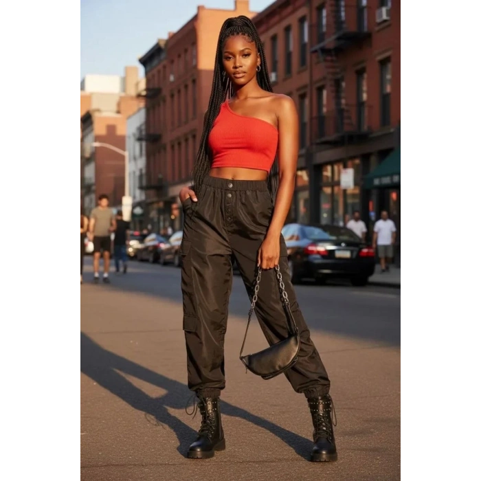 Kadın Kırmızı Fit Görünümlü Tek Omuz Crop Top Büstiyer