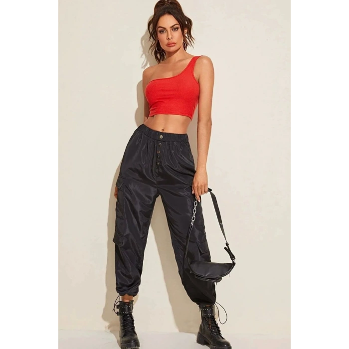 Kadın Kırmızı Fit Görünümlü Tek Omuz Crop Top Büstiyer