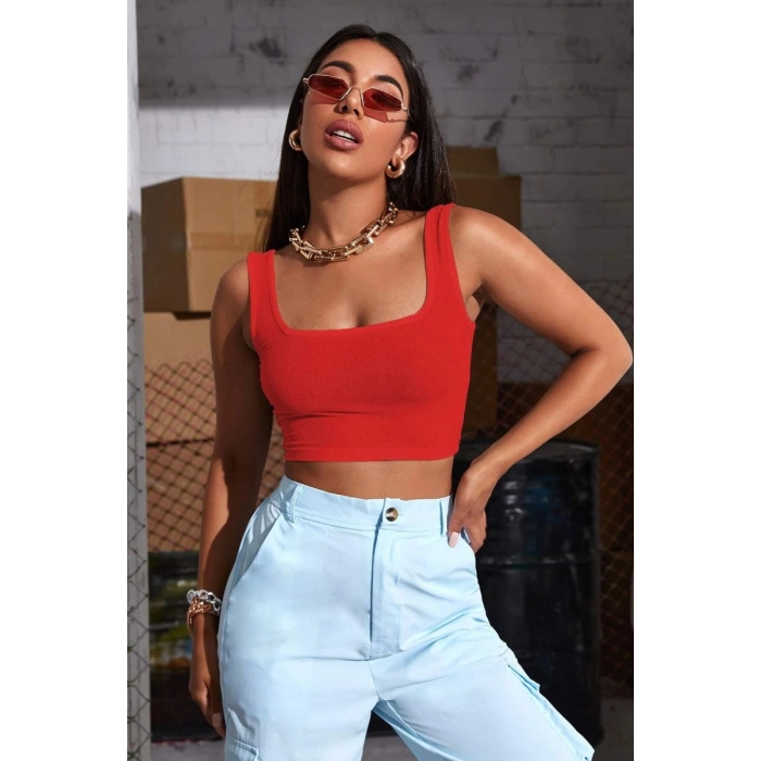Kadın Kırmızı Kalın Askılı Crop Top Büstiyer