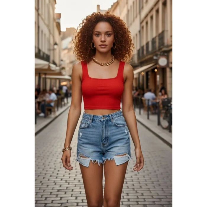 Kadın Kırmızı Kalın Askılı Crop Top Büstiyer Esnek Kumaş Şık Basic Kadın Üst Giyim