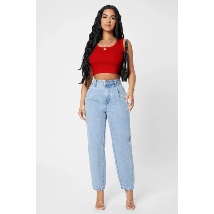 Kadın Kırmızı Kare Yaka Crop Top Bluz