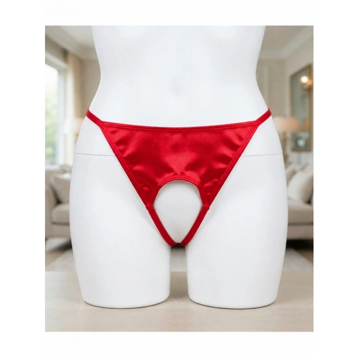Kadın Kırmızı Saten Ağı Açık String Tanga