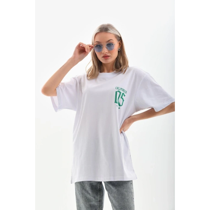 Kadın Kısa kol Oversize Baskılı T-Shirt - Beyaz