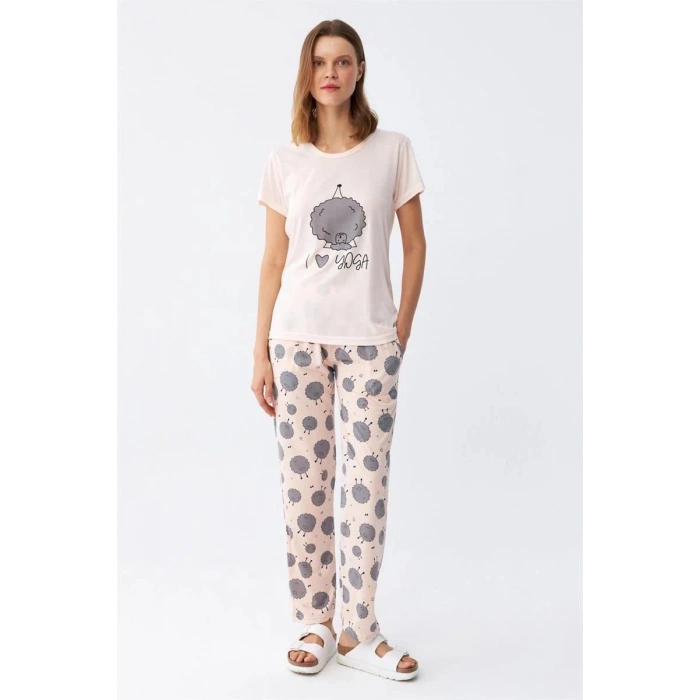 Kadın Kısa Kol Pijama Takım Pudra