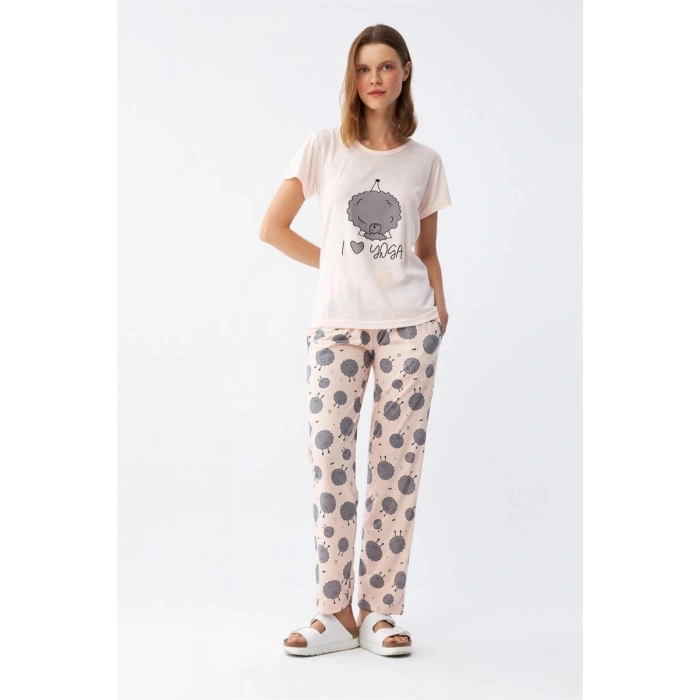 Kadın Kısa Kol Pijama Takım Pudra