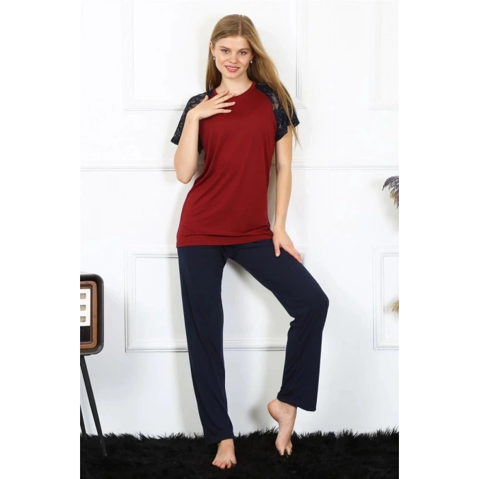Kadın Kolu Dantelli Penye Pijama Takım Bordo