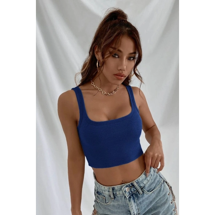 Kadın Lacivert Kalın Askılı Crop Top Büstiyer
