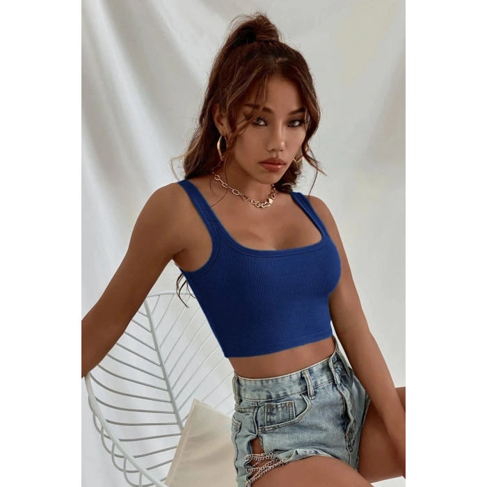 Kadın Lacivert Kalın Askılı Crop Top Büstiyer