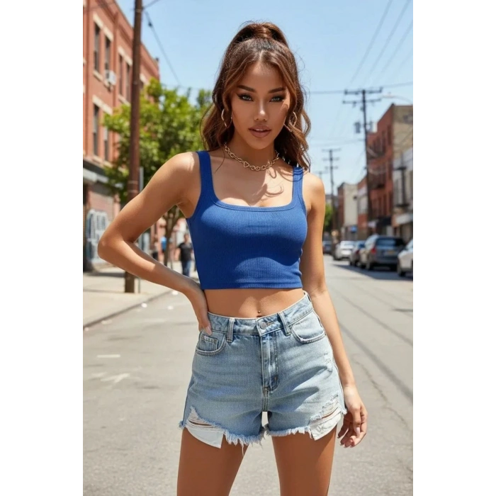 Kadın Lacivert Kalın Askılı Crop Top Büstiyer Esnek Kumaş Şık Basic Kadın Üst Giyim