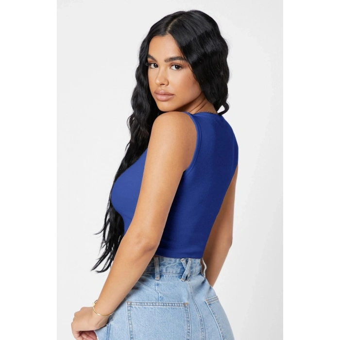 Kadın Lacivert Kare Yaka Crop Top Bluz