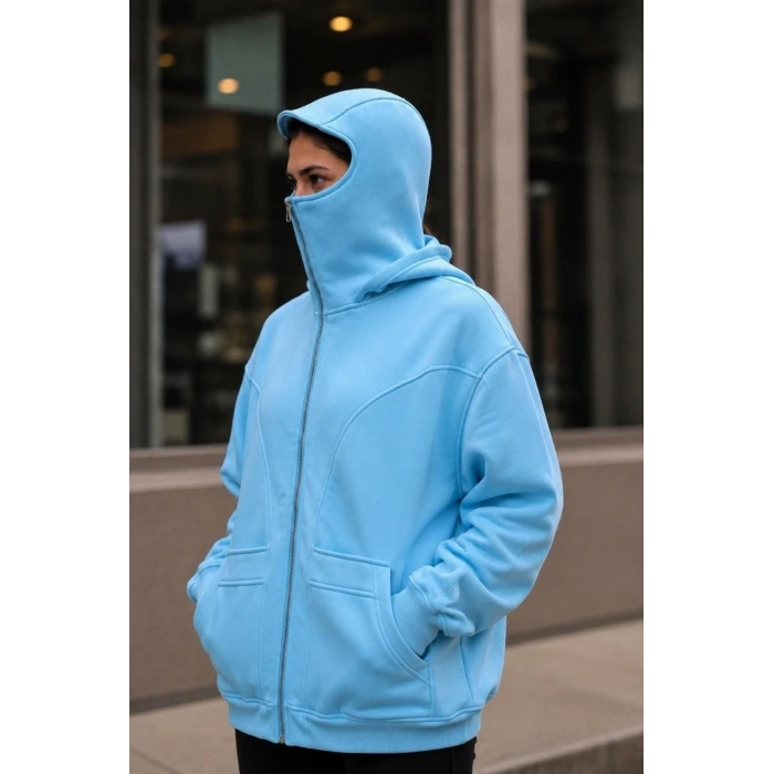 Kadın Maskeli Ninja Model Çift Kapüşonlu 3 İplik Şardonlu Fermuarlı Oversize Sweatshirt - Bebek Mavisi